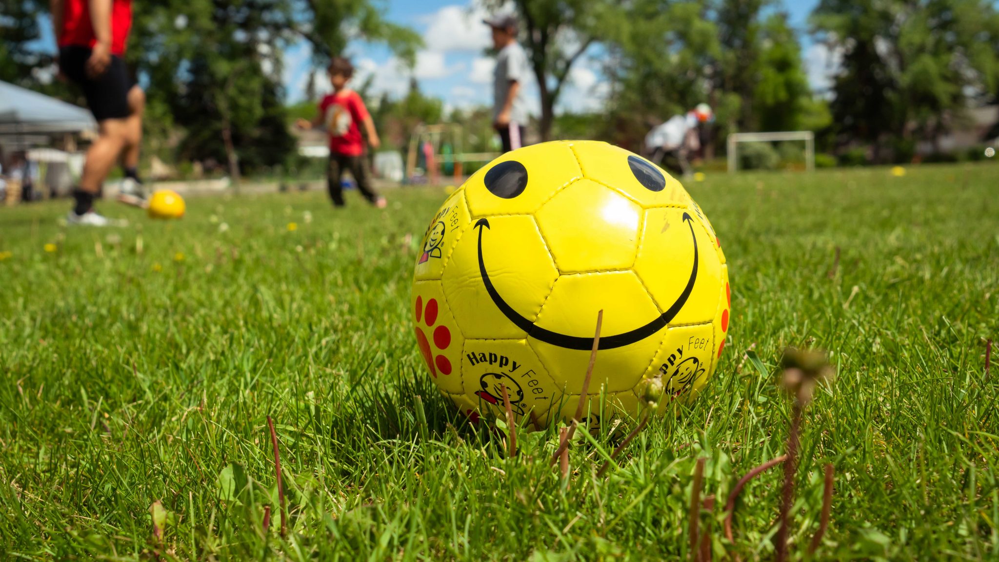 Soccer ball with a smiley face at a Neighbour Day event