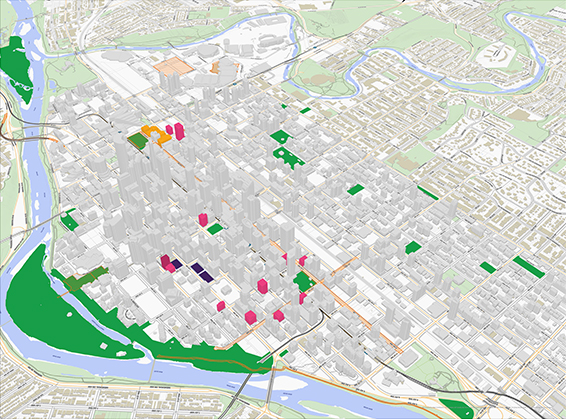 An illustration of downtown Calgary colour coded to reflect ongoing transformation within the area