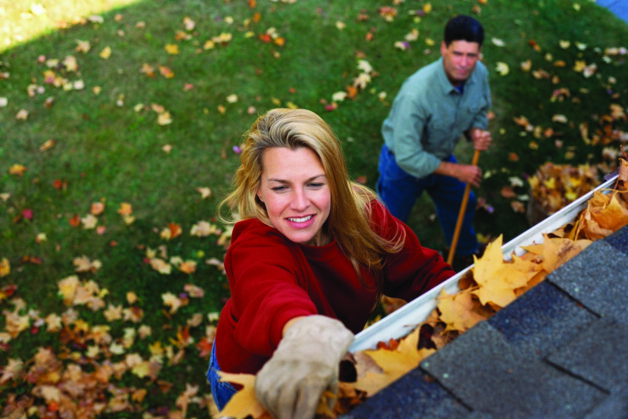 Image of woman cleaning leaves from an eavestrough