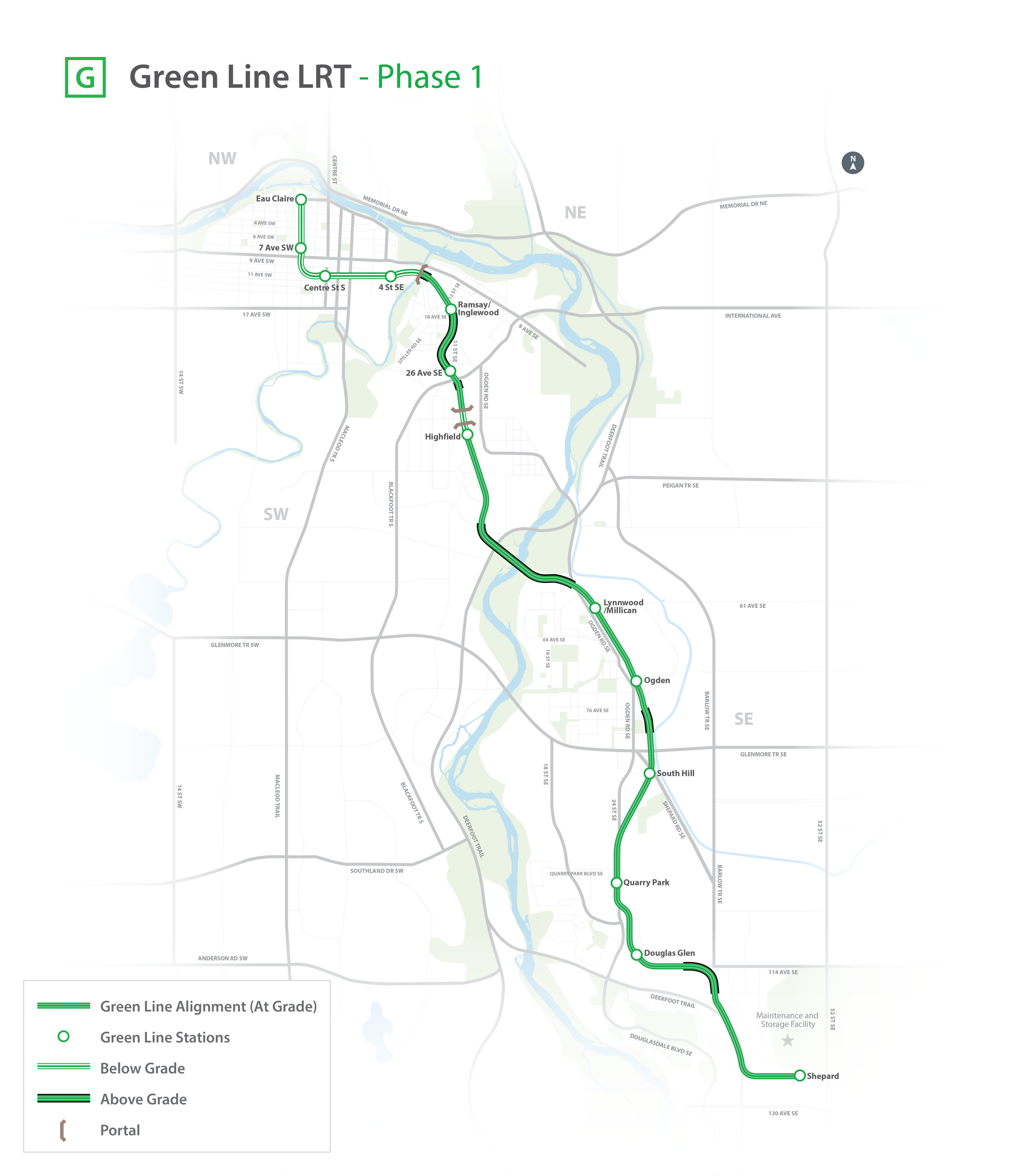 Phase 1 map from Eau Claire Station to Shepard Station with alignment.