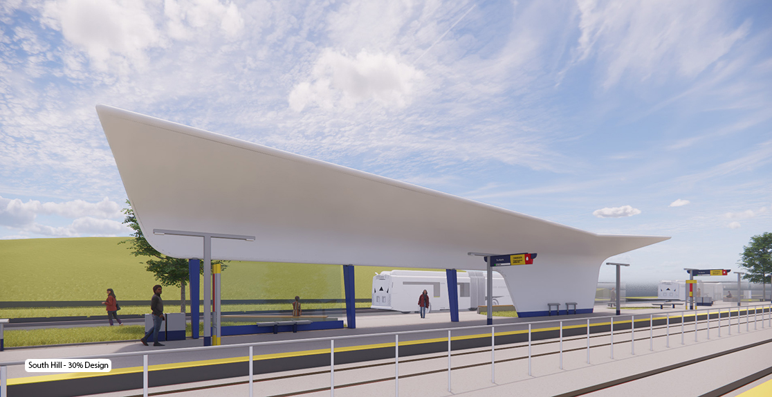 Rendering of a ground-level station canopy at 30% design.