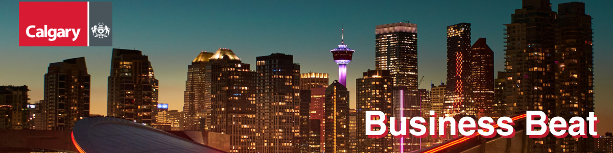 Downtown Calgary skyline with Business Beat text in lower right corner