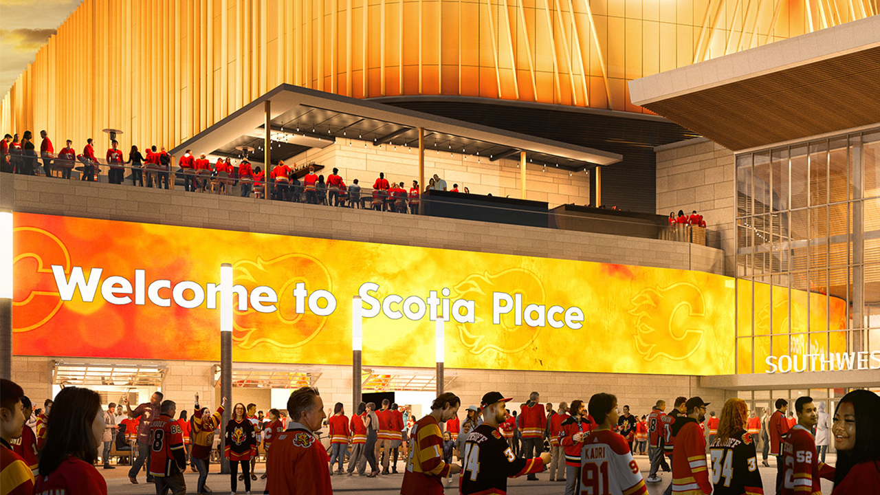 a rendering of Scotia Place.  the image is bright and warmed with a building long banner above the southwest entrance.  people in Calgary Flames jerseys are in the space outside the door