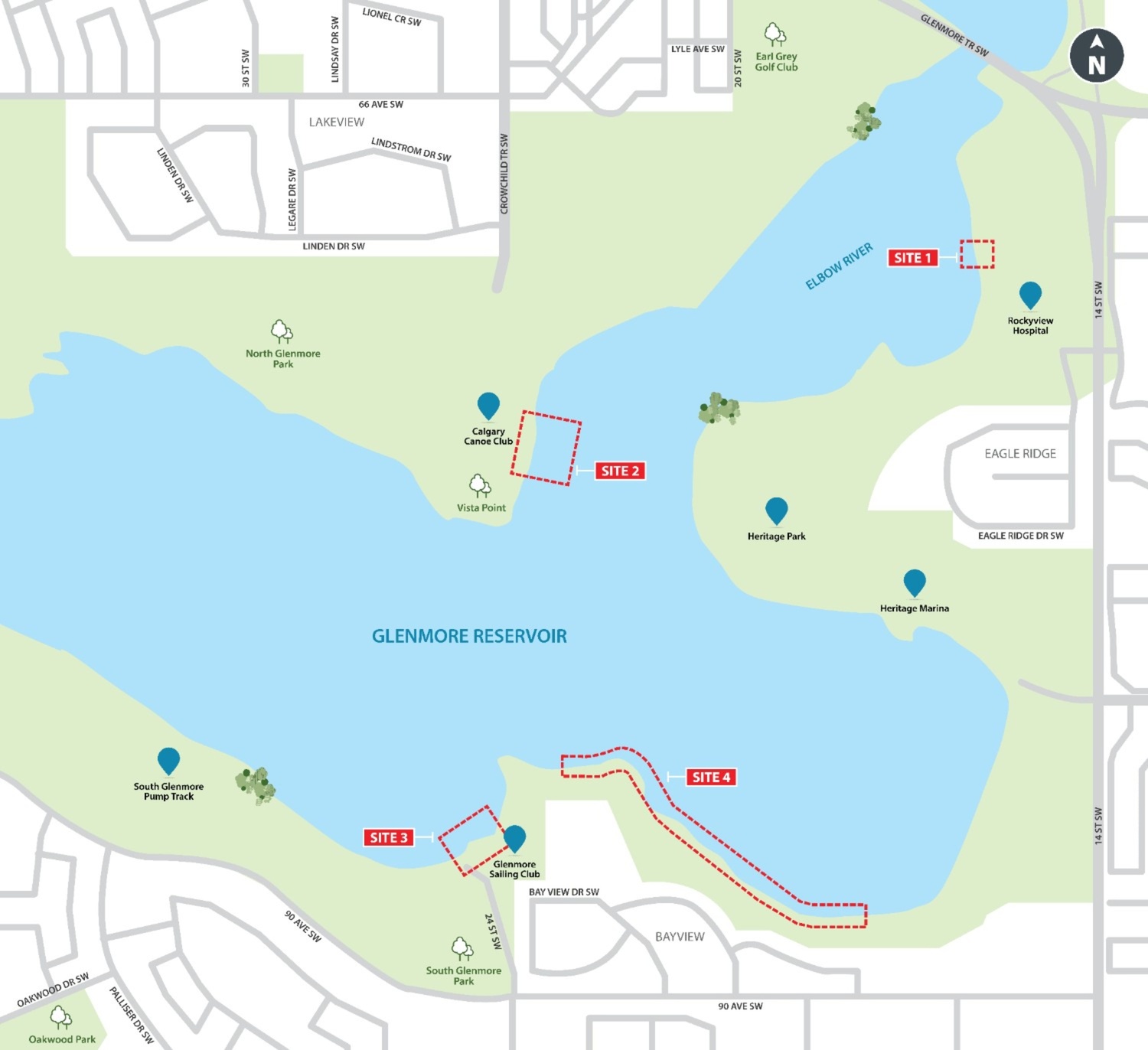 Map of Glenmore Reservoir and surrounding areas along with the 4 project sites.